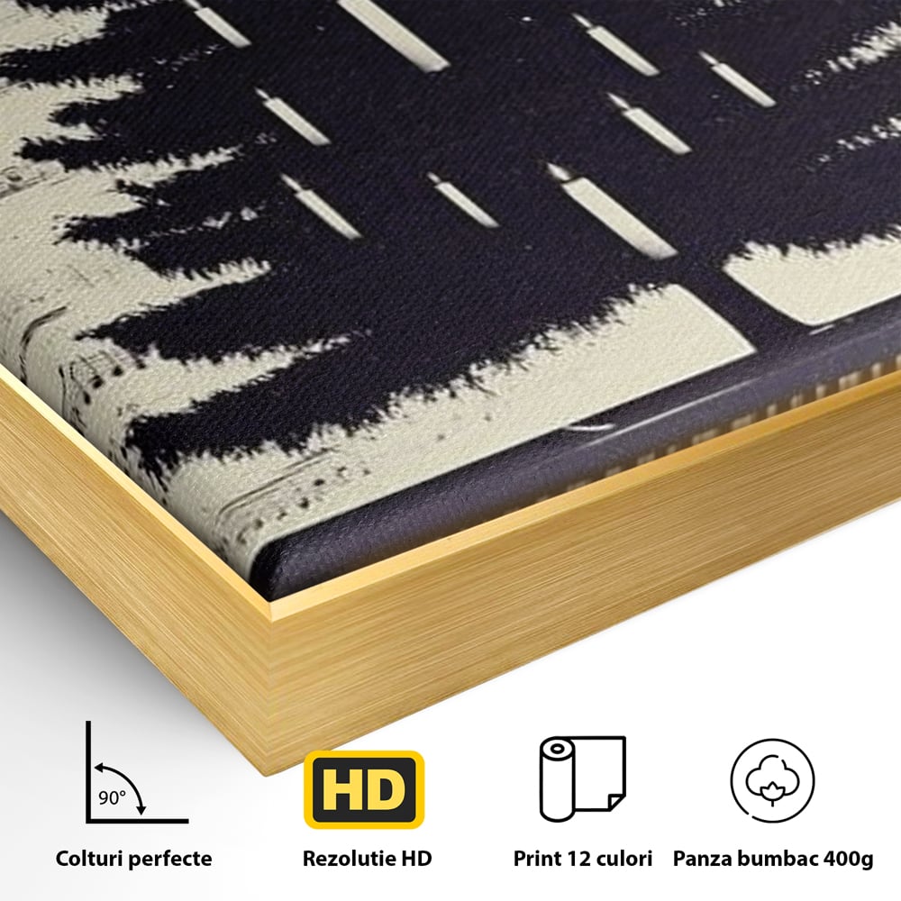 Detaliu al suprafetei: tablou canvas cu brad din clape de pian, in rama de aluminiu auriu